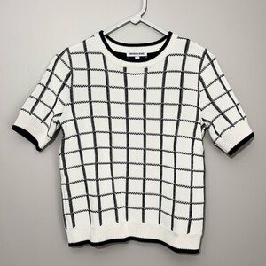 Veronica Beard Windowpane Check Cotton Knit Sweater – Navy Cream Short Sleeve S